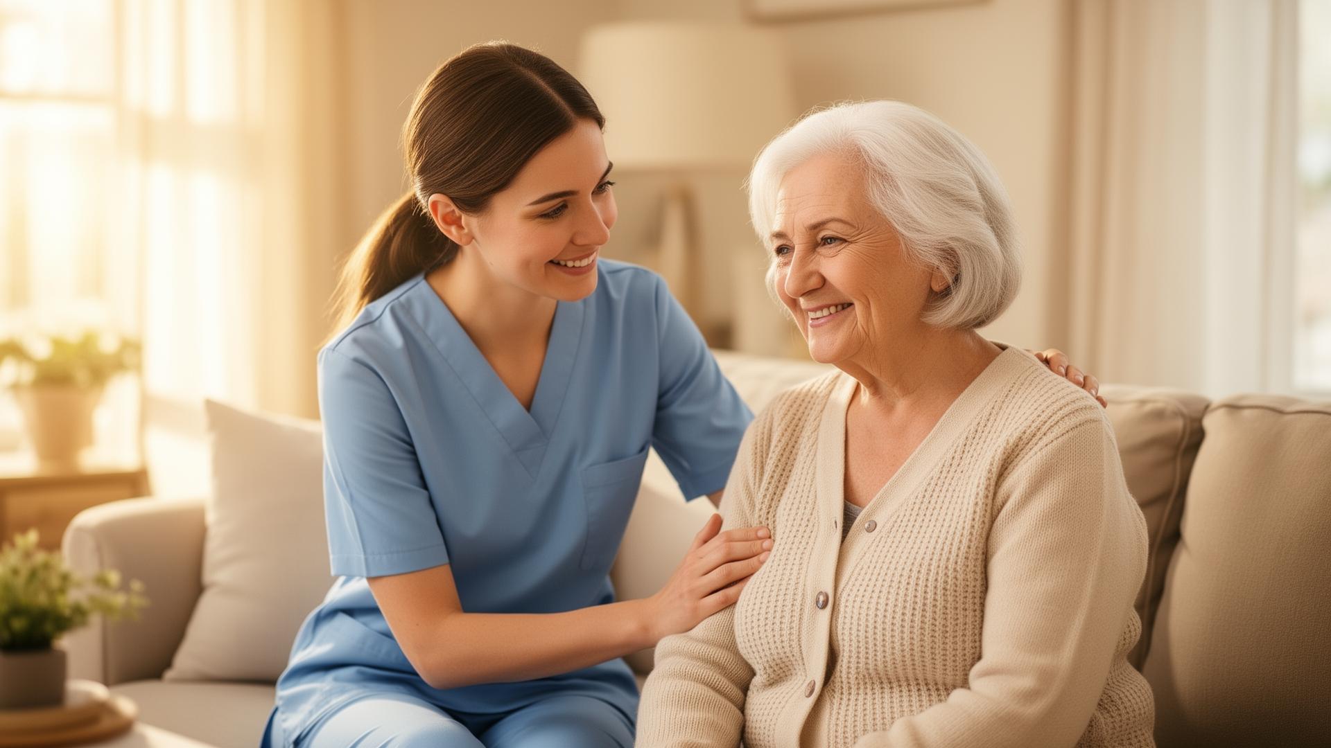 A caregiver gently supporting an elderly woman in a bright living room